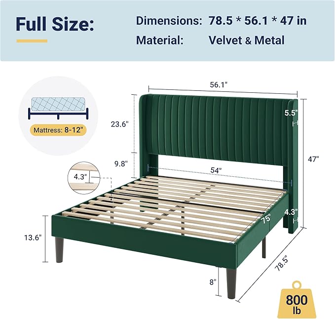 Allewie Full Size Bed Frame/Velvet Upholstered Platform Bed/Vertical Channel - Image 2