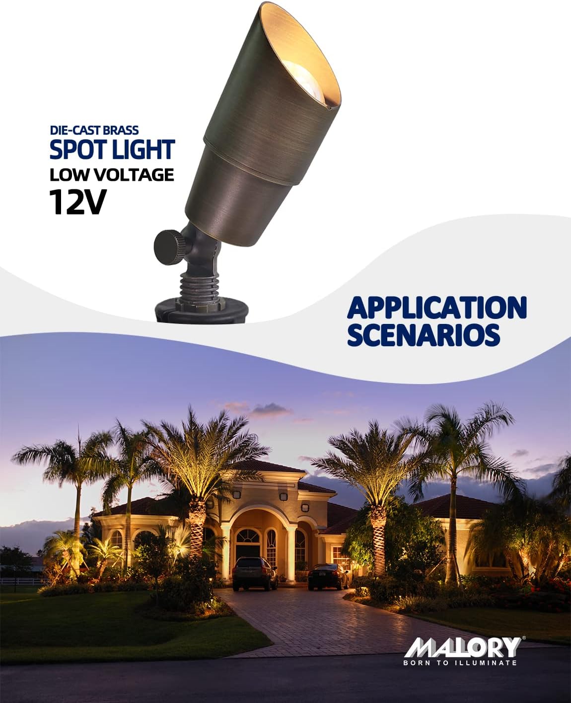 MALORY Brass Landscape Spotlight 10-Pack with Bulb(S01), Low Voltage 12V AC/DC LED Outdoor Landscape Lighting,PVC Ground Stake and Wire Connector Included, Garden Patio Trees Spot Uplight