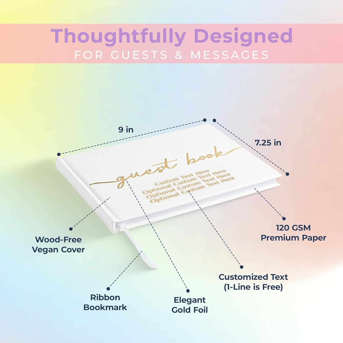 Promot Personalized Guestbook for Party (White) - 110 Lined Pages in Wood-Free Vegan Leather Hard Cover - Wedding Guest Book Sign in and Photos, Baby Shower, Birthday or Graduation