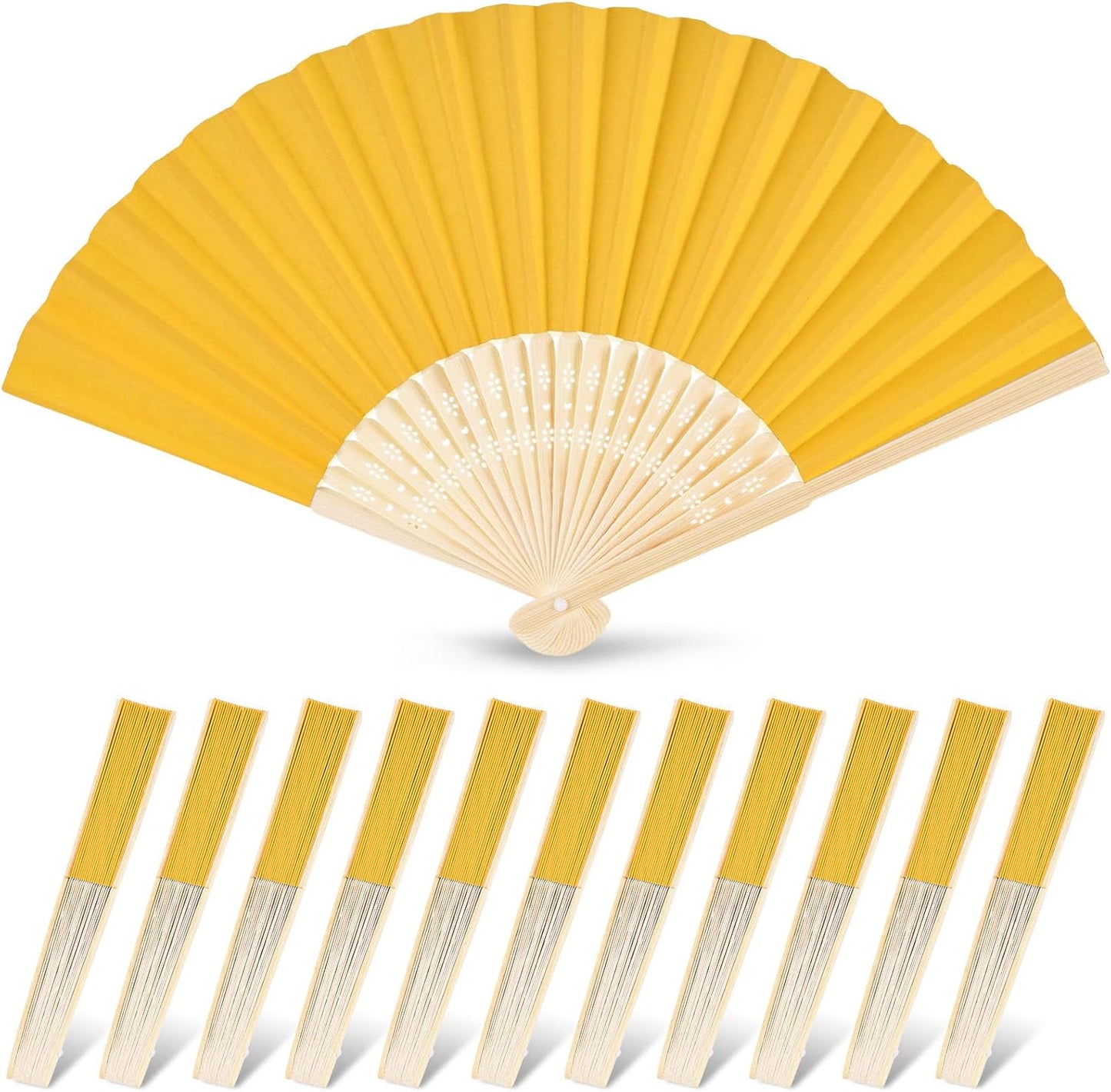 JOHOUSE 12 Pcs Foldable Hand Fan, 8.3 Inch Yellow Paper Fans for Lemon Party Decorations, Wedding, Baby Shower DIY Crafts Photography Props