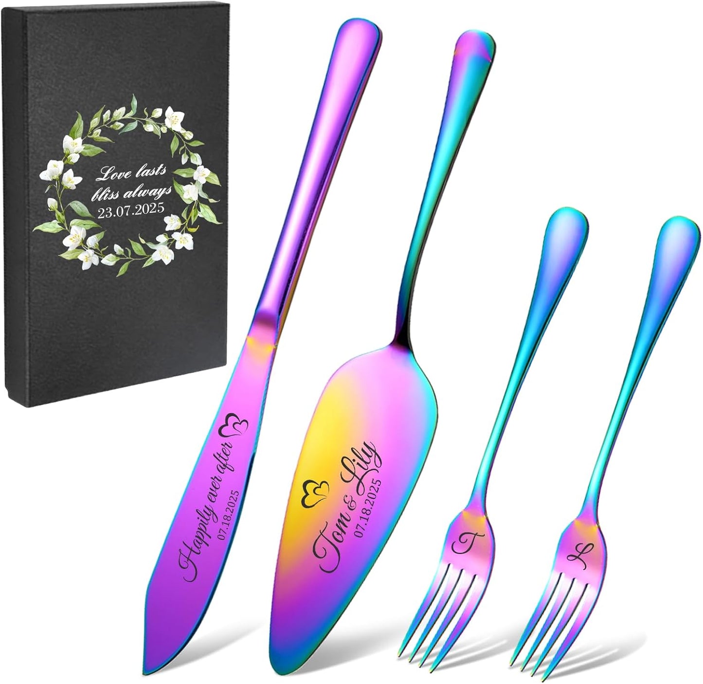 Personalized 4 Piece Wedding Cake Cutting Set, Custom Names Cake Knife and Server set with Forks, Anniversary Birthday Bridal Wedding Registry Gifts (Multi-color)