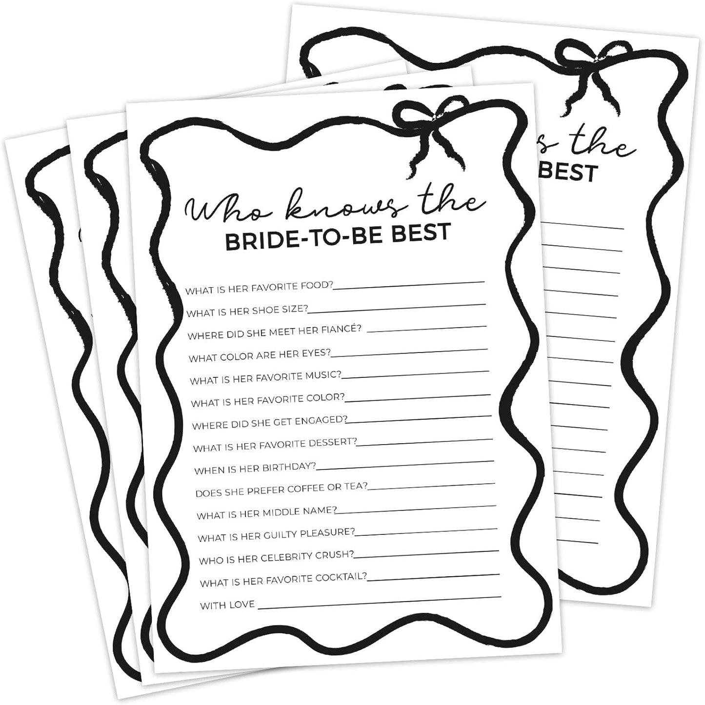 DEEKA 30 PCS Bridal Shower Games Card for 30 Guests Black Wavy Border Ribbon Bow Funny Wedding Bachelorette Party Games for Reception (Who Knows The Bride-to-be Best)