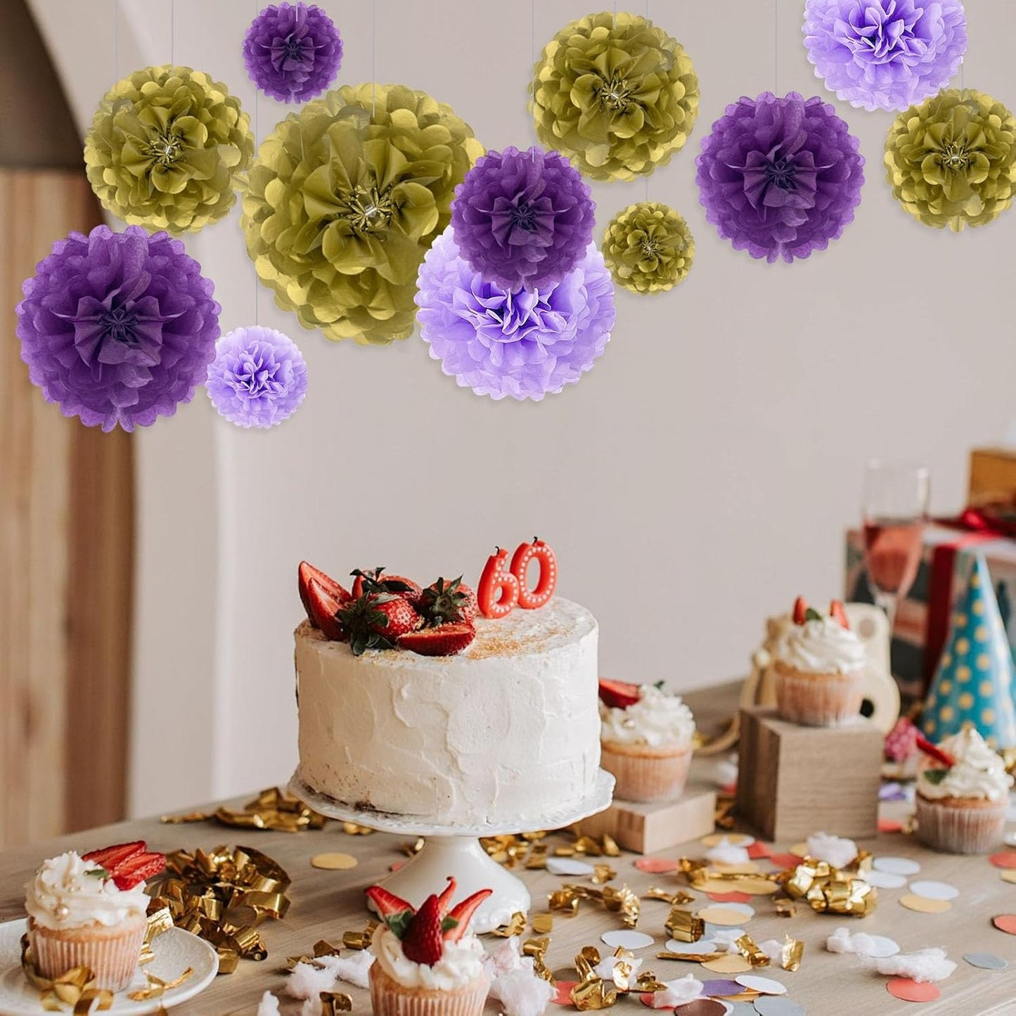 Tissue Paper Pom Poms, Purple Gold Tissue Paper Flowers, Hanging Flower Balls for Weddings Fiesta Parties Birthday Baby Showers Classroom Bridal Shower Decoration (18Piece Set-6/10/12/14Inch)