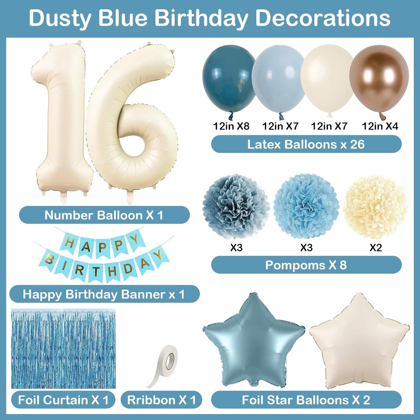 Dusty Blue 16th Birthday Party Decorations Boys Girls Beige Cream Number 16 Balloon with Blue Gold Happy Birthday Banner Fringe Curtain Paper Pom Poms Nude White Sand Champagne Star Foil Balloons