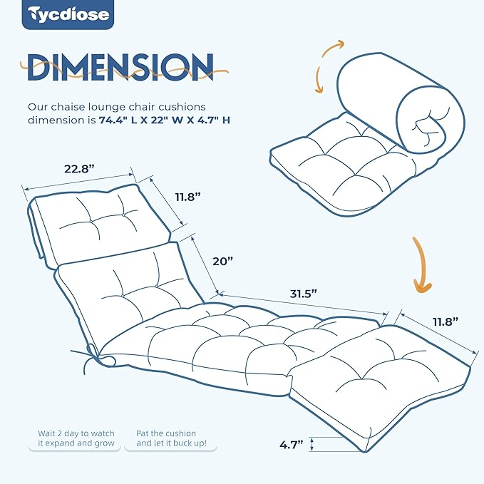 Outdoor Chaise Lounge Chair Cushion Waterproof 74.4 x 22 x 4.7 Inches Lounge - Image 3