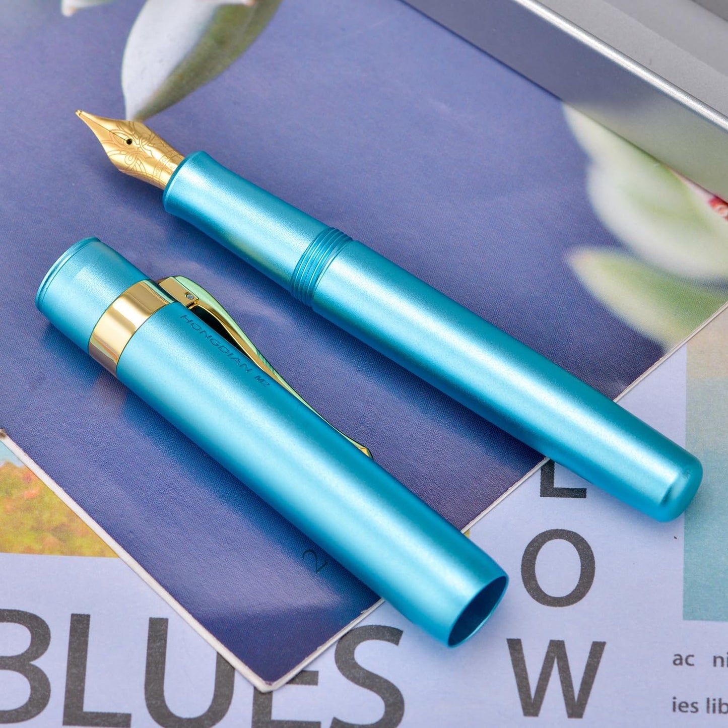 HONG DIAN M2 Black Forest Mini Fountain Pen, Long Blade Nib & Sleek Shape Aluminium Short Pocket Travel Pen (Lake Blue)