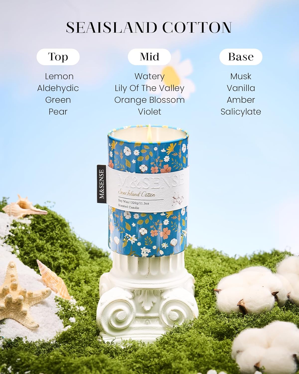 M&SENSE Sea Island Cotton Scented Candle, Medium Jar Candle 11.3oz Natural Soy Wax for Home Scented, Floral Candles Gift for Spring Holiday, Up to 70 Hours Burning Long-Lasting Fragrance