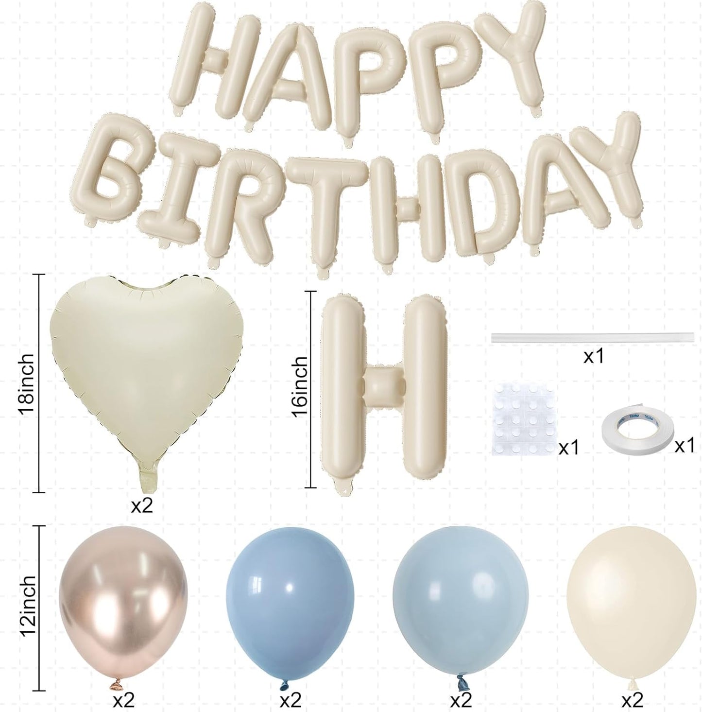 Happy Birthday Balloon Banner Cream Blue, 16 Inch Beige Mylar Letters Heart Foil Dusty Slate Blue White Sand Metallic Champagne Gold Balloons Boho Neutral Birthday Decorations for Girls Women Boy Men