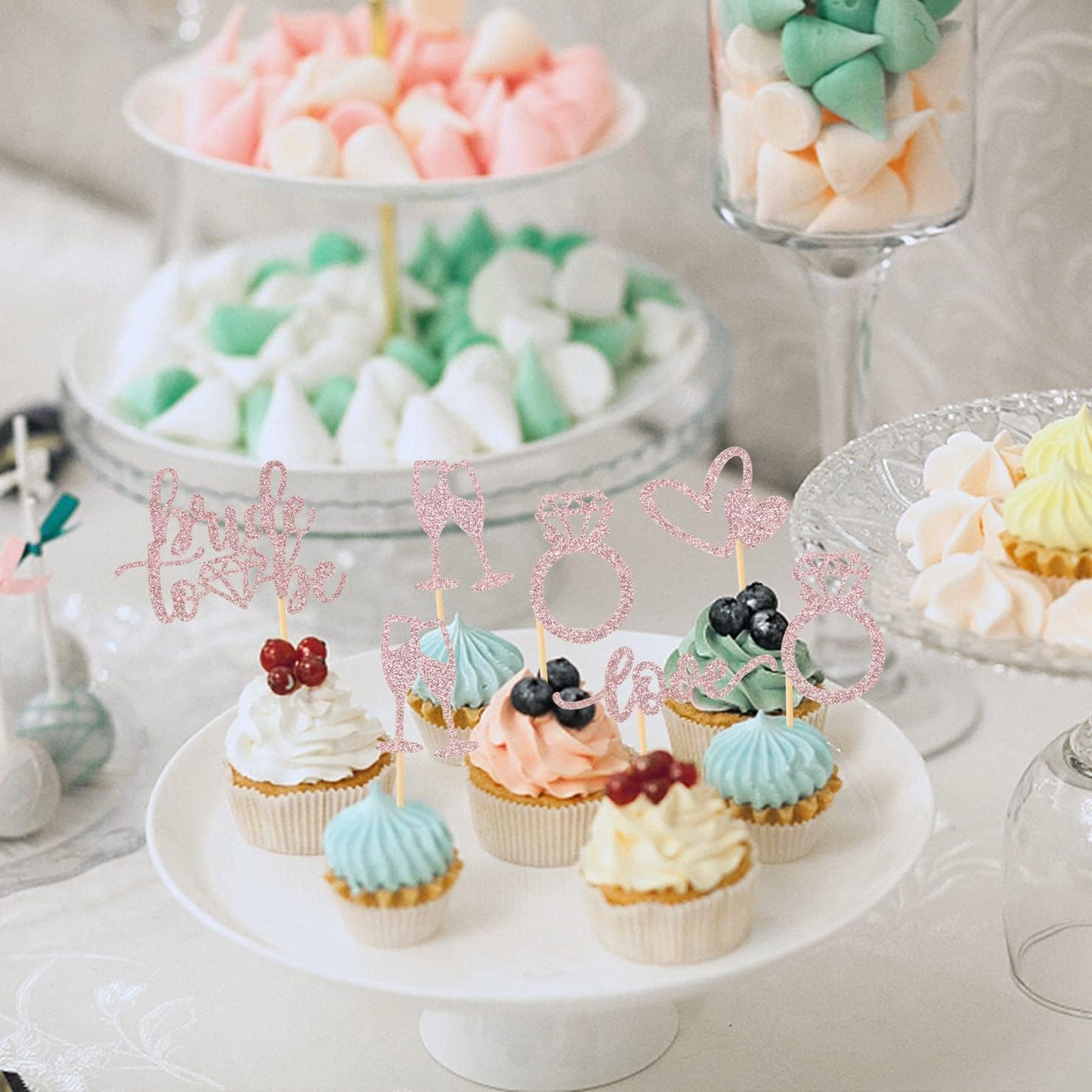 35 PCS Glitter Diamond Ring Bride to be Love Cupcake Topper Champagne Cake Picks Decorations for Bridal Shower Wedding Engagement Party Supplies, Rose Gold