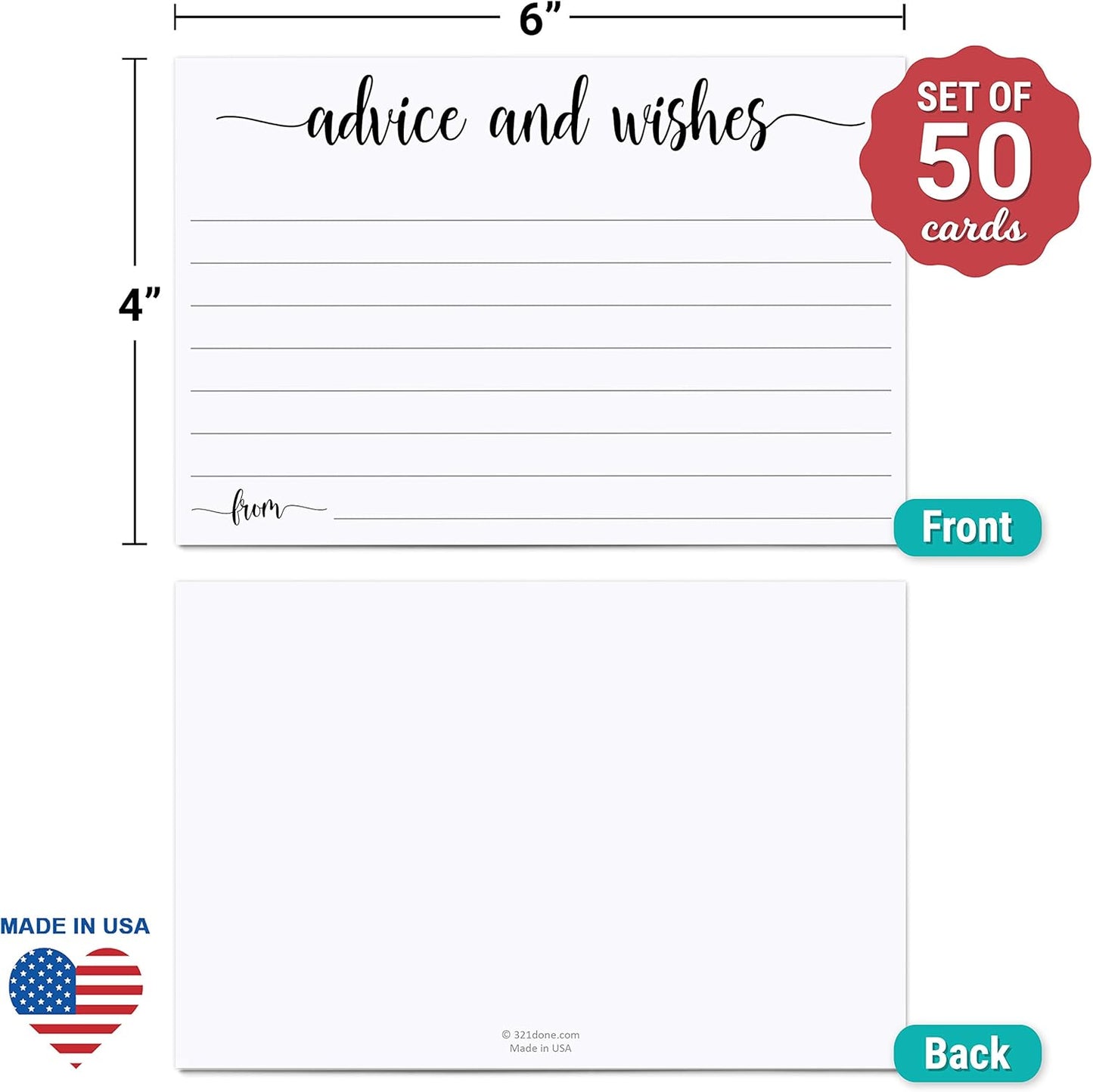 321Done Advice and Wishes Cards (50 Cards) 4" x 6" White Blank Well Wishes for Wedding, Bridal, Mr and Mrs, Retirement, Baby Shower - Words of Wisdom - Made in USA