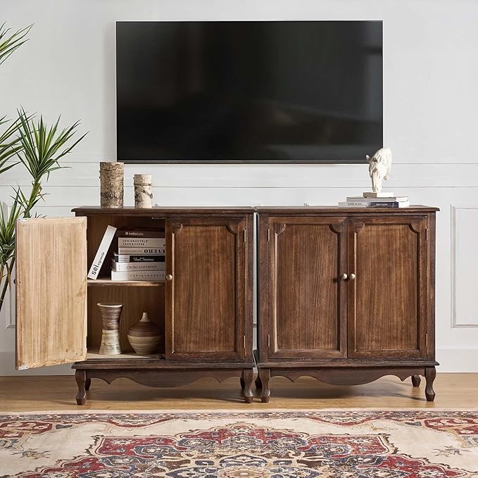 Solid Wood Sideboard with Adjustable Feet, 2 Shelves Storage Accent Cabinet - Image 9