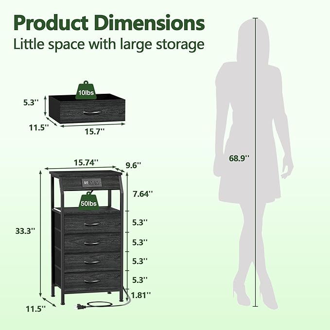 Furnulem Night Stand with Charging Station, 4 Drawer Dresser with Storage Shelf - Image 3