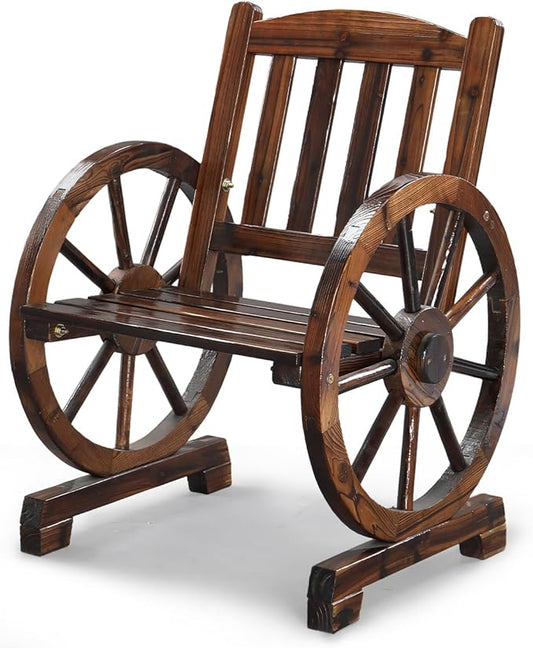 VINGLI Rustic Wooden Wheel Bench Outdoor Bench, Patio Bench Wagon Slatted Seat by VINGLI