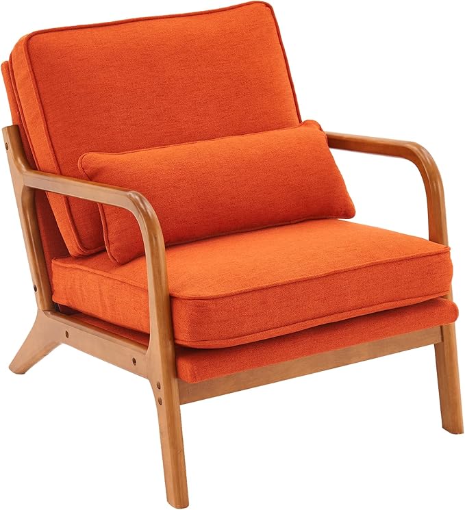 Bonnlo Linen Burnt Orange Mid Century Modern Accent Chair, Soild Wood Padding - Image 9