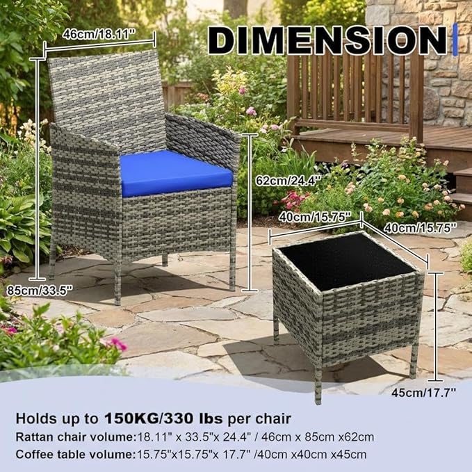 3 Piece Outdoor Patio Furniture Set, All-Weather PE Rattan Wicker Chairs - Image 7