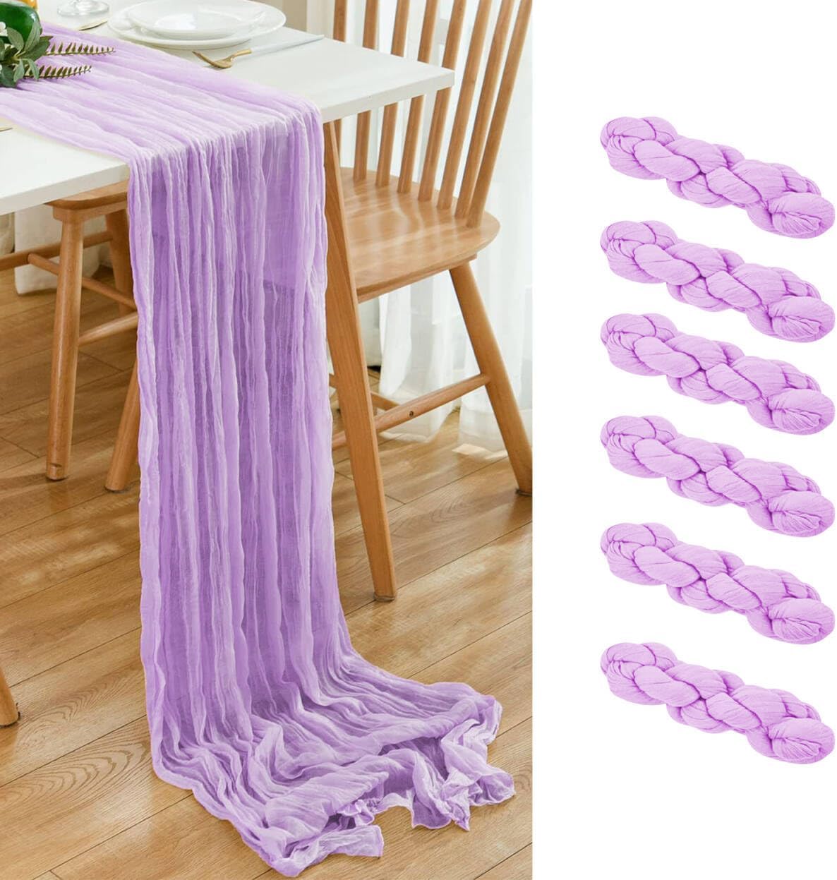6 Pack Lavender Cheesecloth Table Runner 21x120 Inch Boho Wrinkled Sheer Romantic Gauze Decor for Wedding, Bridal Shower, Birthday Party