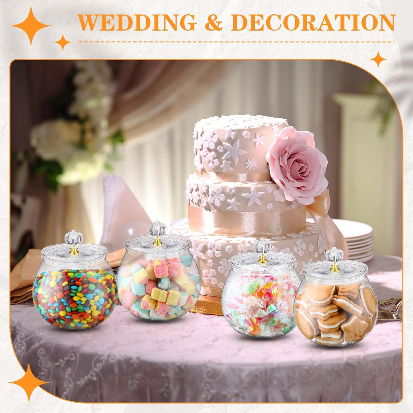 Nuogo 4 Pcs Plastic Candy and Cookie Jars with Lids Clear Cookie Container Candy Jars Large Airtight Apothecary Storage Organization for Wedding Home Kitchen Bar(30 oz)