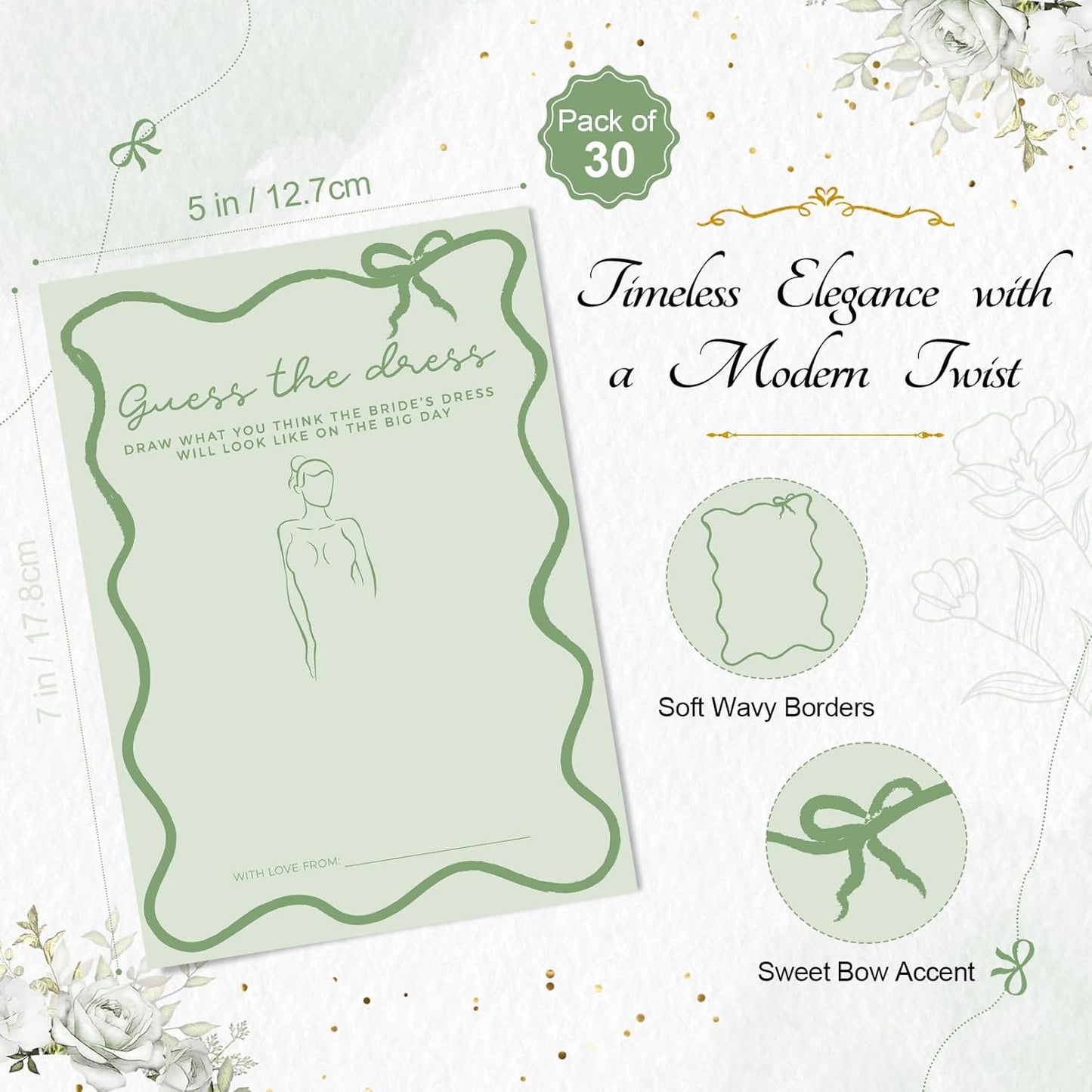 DEEKA 30 PCS Bridal Shower Games Card for 30 Guests Sage Green Wavy Border Ribbon Bow Funny Wedding Bachelorette Party Games for Reception (Guess The Dress)