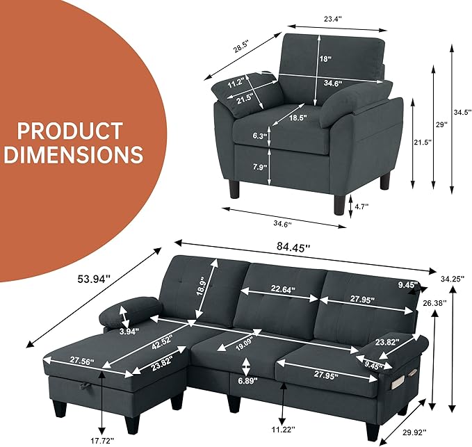 2 Piece Sectional Sofa Set, 3 Seat L Shaped Couches - Image 2