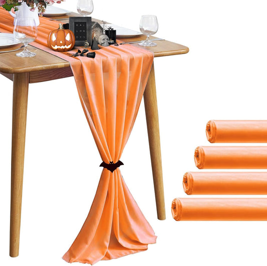 5 Pack 10Ft Chiffon Orange Table Runner Sheer 29x120 Inch for Romantic Wedding Decor Bridal & Baby Shower Birthday Rustic Party Decoration