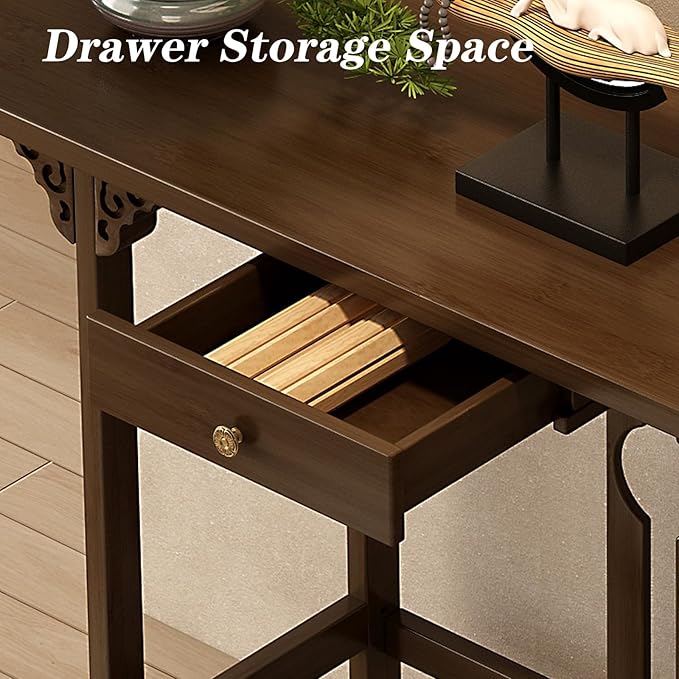 Bamboo Console Table with Drawer, Small Sofa Tables with Open Shelf, Chinese - Image 6