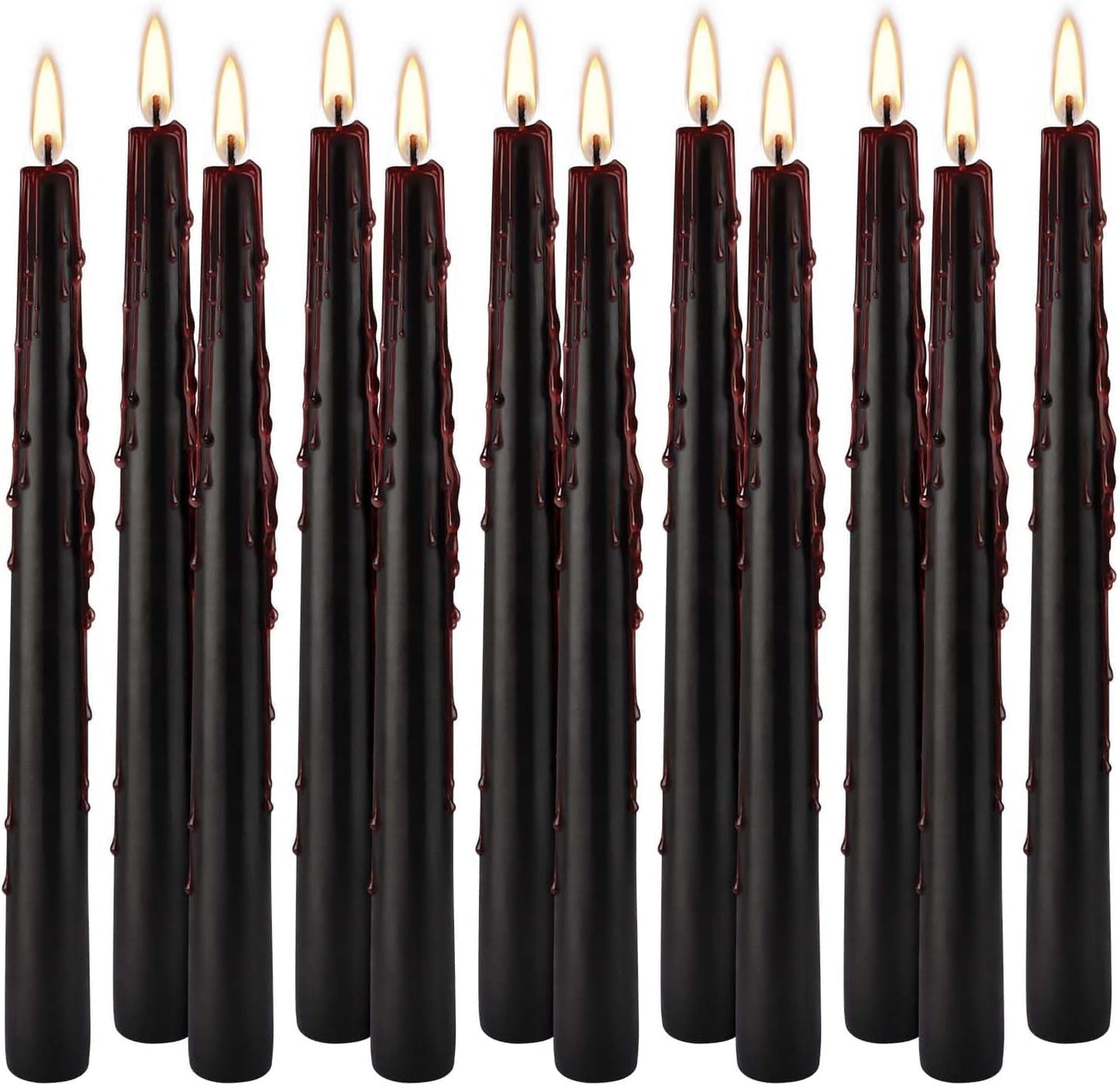 12PCS 10-Inch Black Bleeding Taper Candles,Vampire Tears Taper Candles- Unscented Ideal for Halloween, Christmas, Rituals, and Themed Party Decor