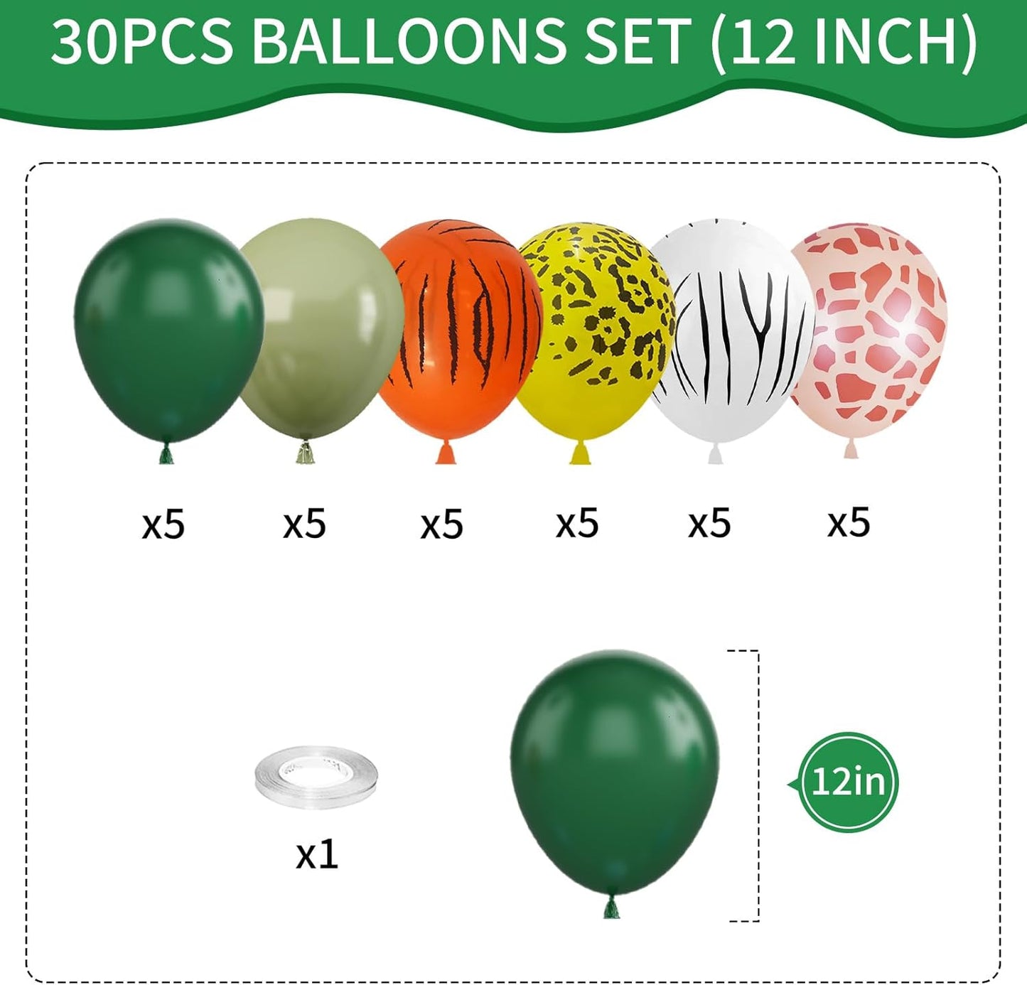 Sage Green & Olive Green Animal Print Safari Balloons - 12 Inch (4 Kinds) for Jungle Safari Theme Party Supplies