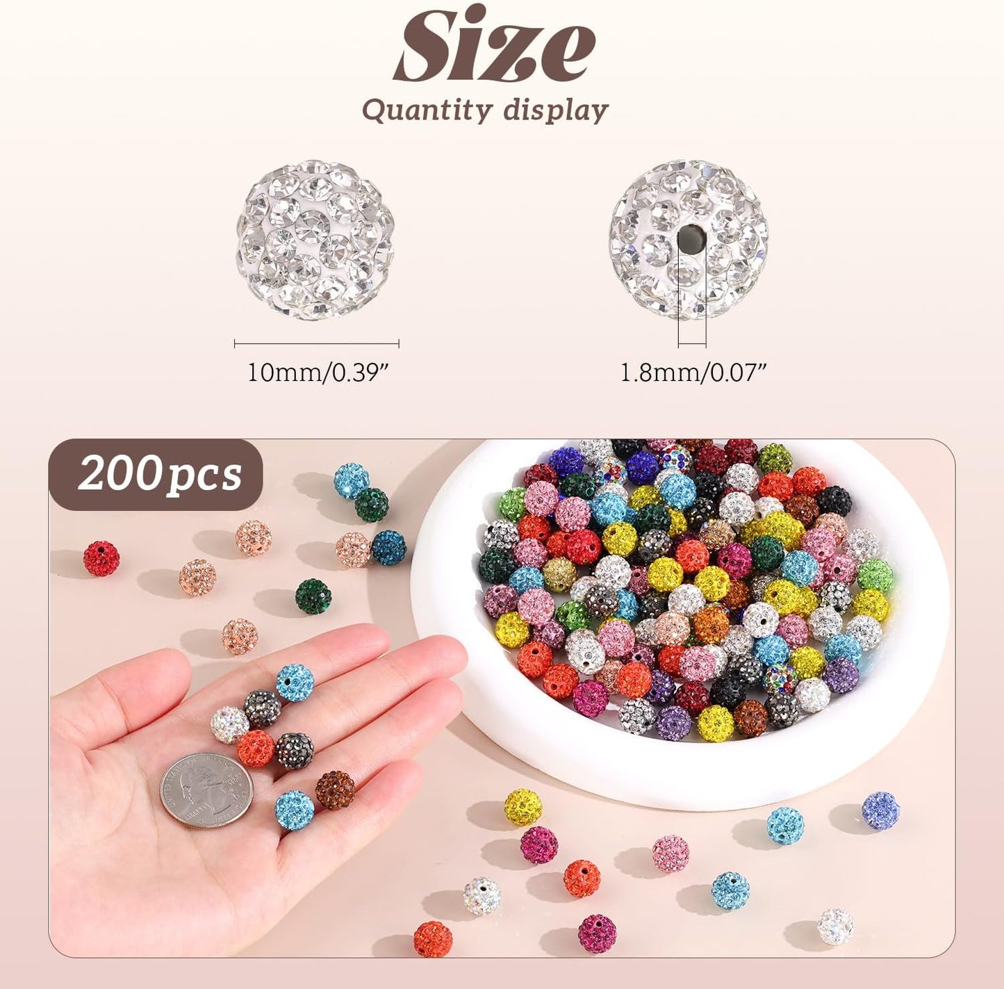200pcs 10mm Rhinestone Beads for Jewelry Making, Pink Shiny Round Disco Ball Beads Bulk, Sparkle Crystal Clay Christmas for Bracelet Baseball Necklace Earring Crafting and DIY