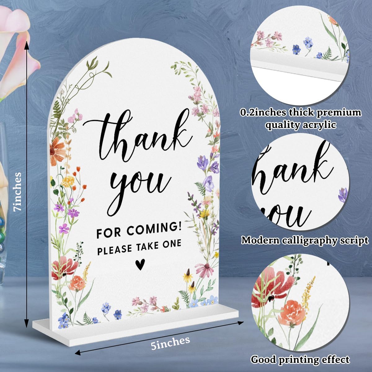 Acrylic Wedding Signs, Thank You for Coming Signs for Marriage Reception, Bridal Shower Decorations, Modern Arched Round Top Acrylic Table Top Sign with Holder for Wedding Party (White Wildflowers)