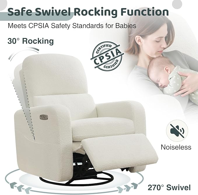 Power Swivel Rocker Recliner, Oversized Boucle Nursery Glider Recliner - Image 3