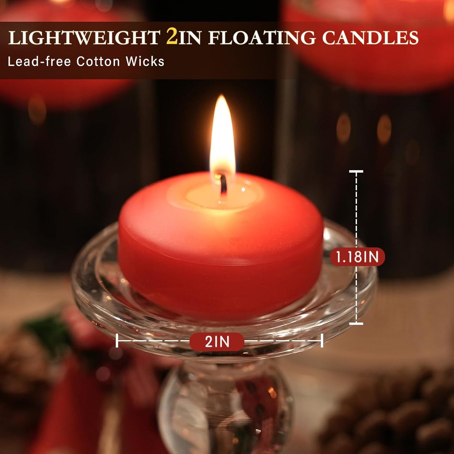 2 inch Red Floating Candles, 48 Pack Unscented Floating Candles for Centerpieces,5-6 Hours Water Activated Candle Bulk for Cylinder Vases Wedding Pool Bathtub