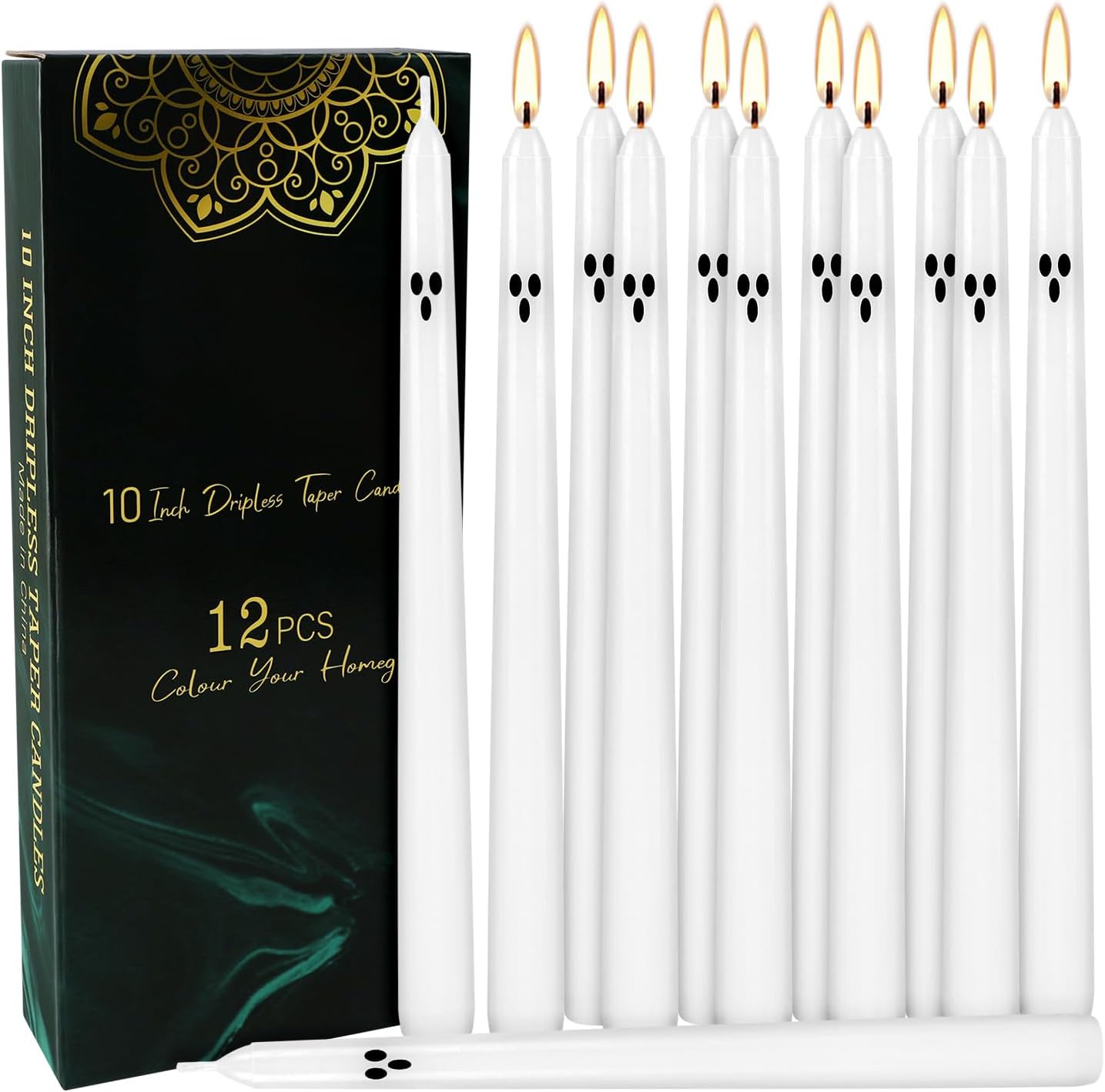 12 Pack Halloween Taper Candles - 10 Inch White Ghost Face Smokeless Candles, Long-Lasting 7+ Hour Burn, Premium Wax for Spooky Decor & Parties