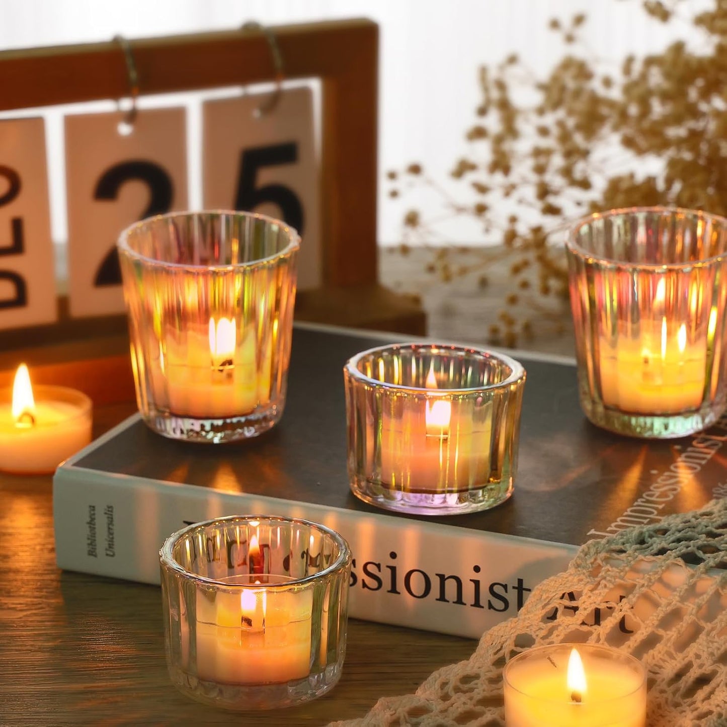 24 Pcs Ribbed Iridescent Votive Candle Holders - Glass TeaLight Candle Holders for Weddings, Baby Showers, Home Décor, Party Centerpieces, and Table Decorations