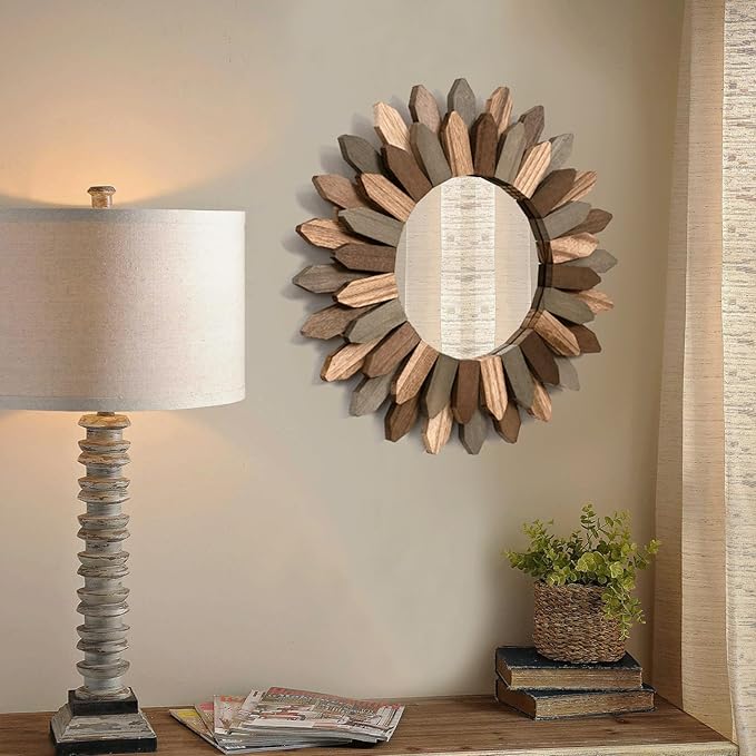 Honiway Boho Wall Decor Mirror 2 Pack 12 inch Rustic Wood Decorative Mirror - Image 8