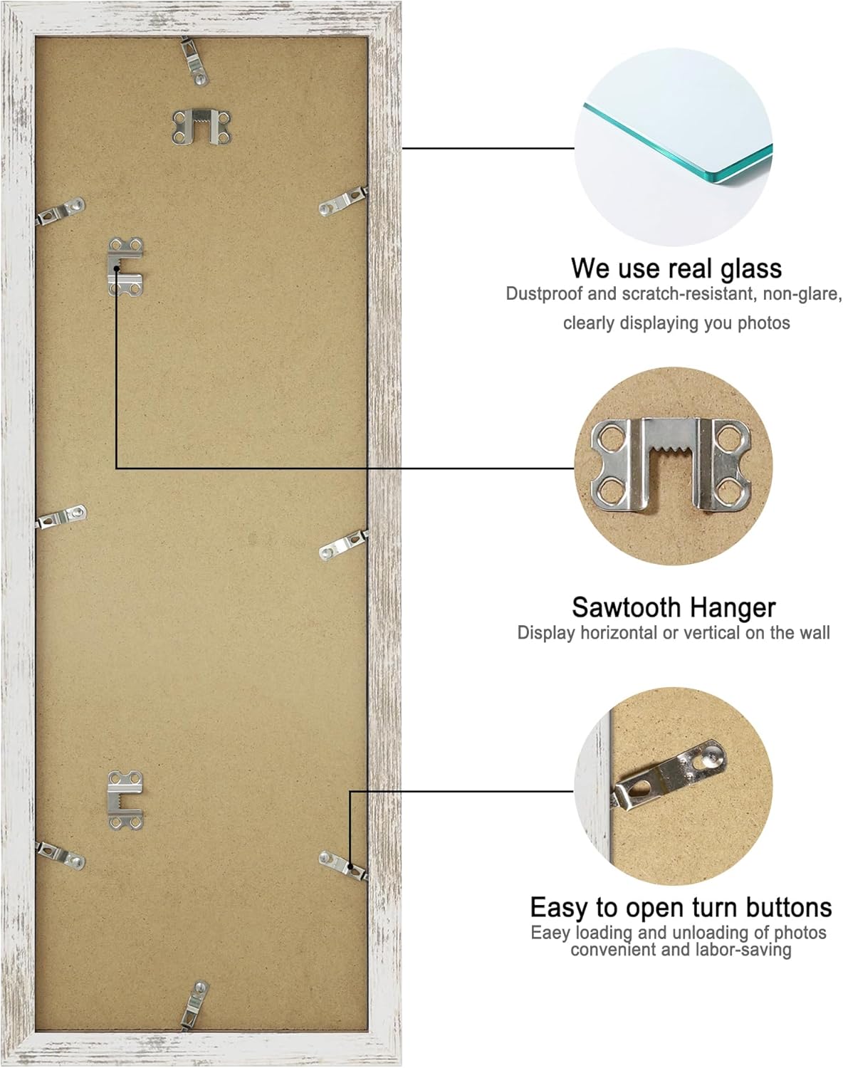 8x24 Picture Frame 2 Pack, Distressed White Wood Frame with Tempered Glass, Display Pictures Multiple Five 4x6 With Mat or 8 x 24 Without Mat - Horizontal or Vertical Wall Mounting
