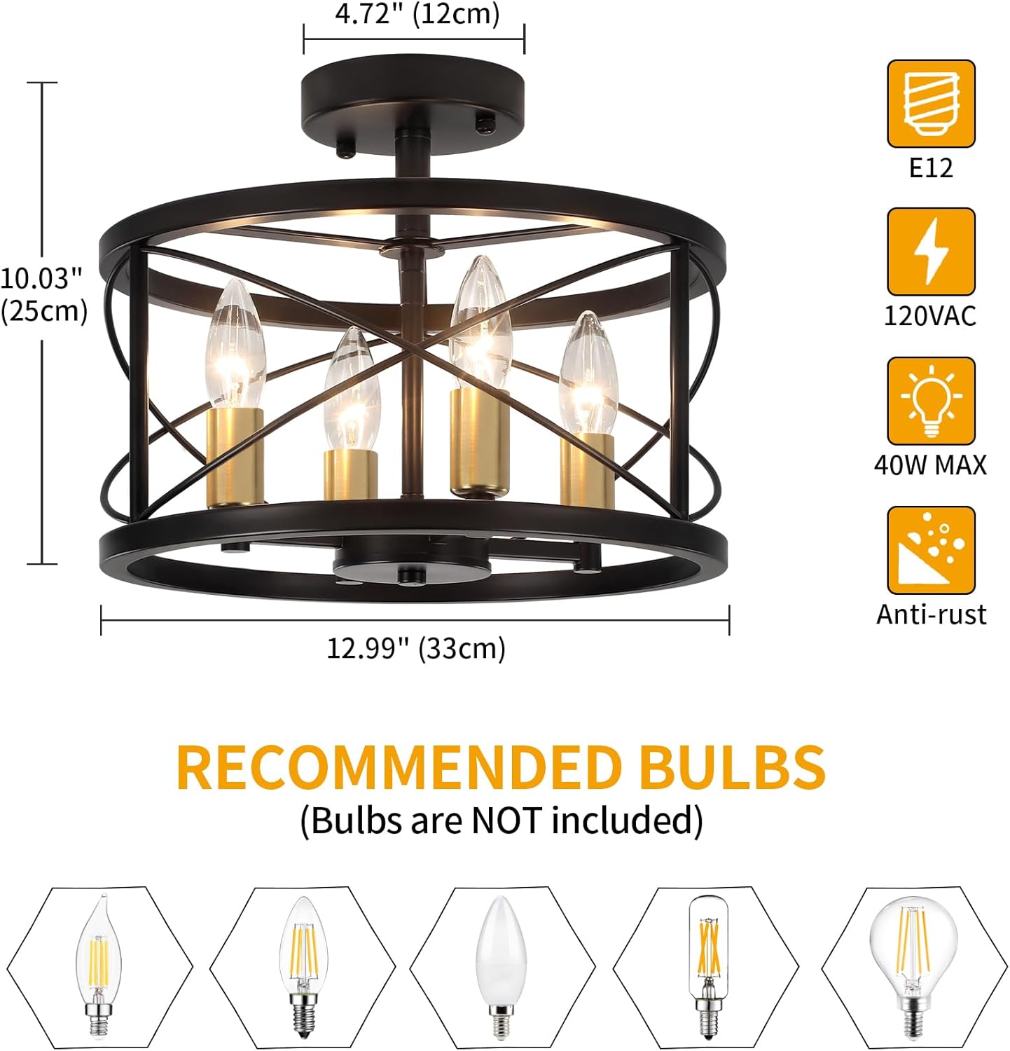 Black and Brushed Gold Semi Flush Mount Ceiling Light, Farmhouse Modern Light Fixture, Hallway Light Fixtures, 4-Light Ceiling Lamp for Kitchen, Entryway, Laundry Room, Bedroom Lighting, UL Listed