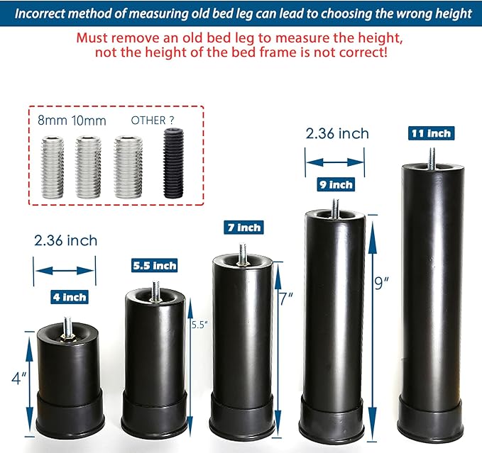 11 Inch Metal Adjustable Bed Base Frame Leg Replacement Heavy Duty Extra Height - Image 3