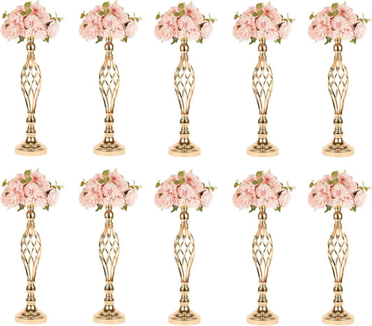 LANLONG 10pcs Metal Gold Candle Holders Road Lead Table Centerpiece Stand Pillar Candlestick for Wedding Candelabra Flowers Vases