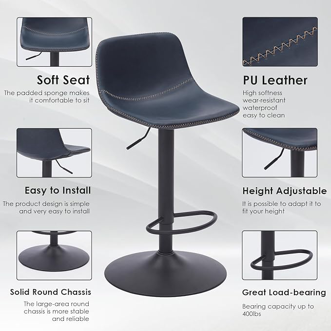 Adjustable Bar Stools Set of 2, Mid Century Modern Swivel Bar Stools, - Image 7