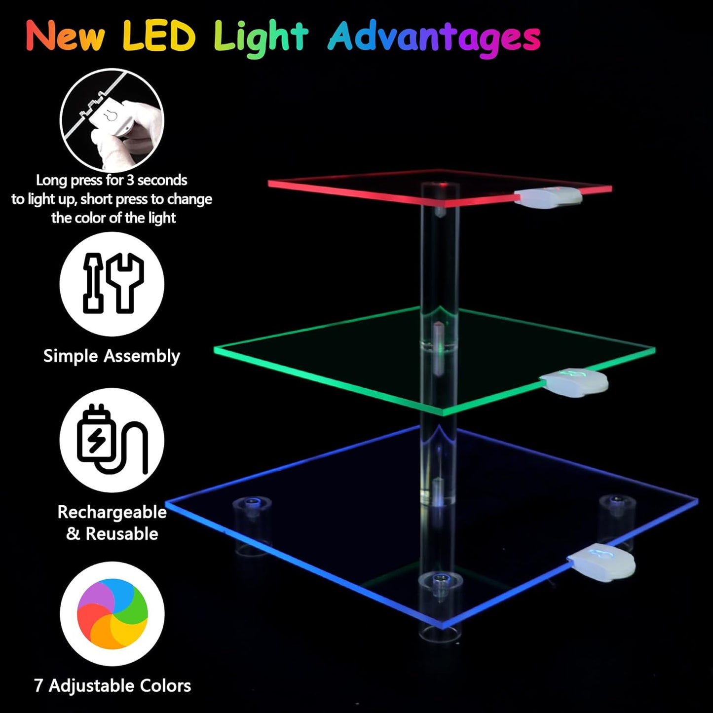 Cupcake Stand for 24 Cupcakes, 3 Tier Cupcake Holder with Rechargeable LED, 7 Colors Light Cupcake Tower, Acrylic Dessert Table Display Set for Weddings, Christmas, Birthday, Parties