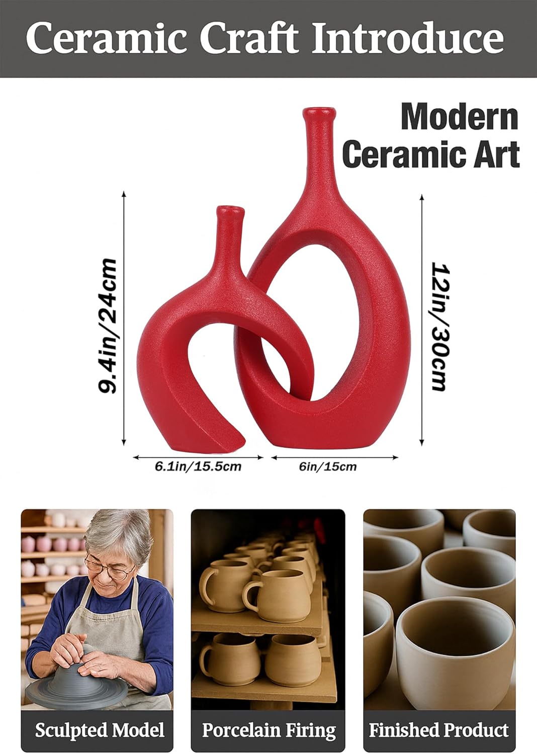 WUBIANJIE Red Ceramic Vase Set - Modern Boho Decor, Snuggle Design, Vases for Living Room, Bedroom, Coffee Table, Fireplace