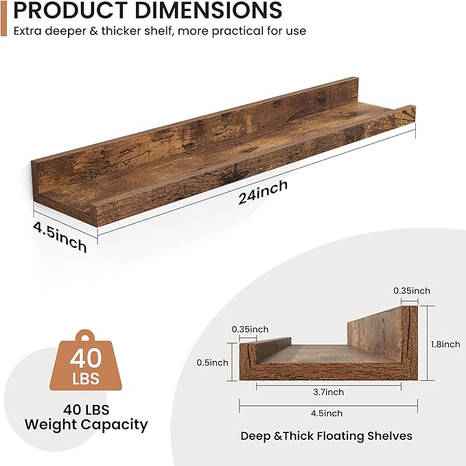 Fun Memories Picture Ledge Shelves Set of 2, 24 Inch Rustic Wall Mounted - Image 2