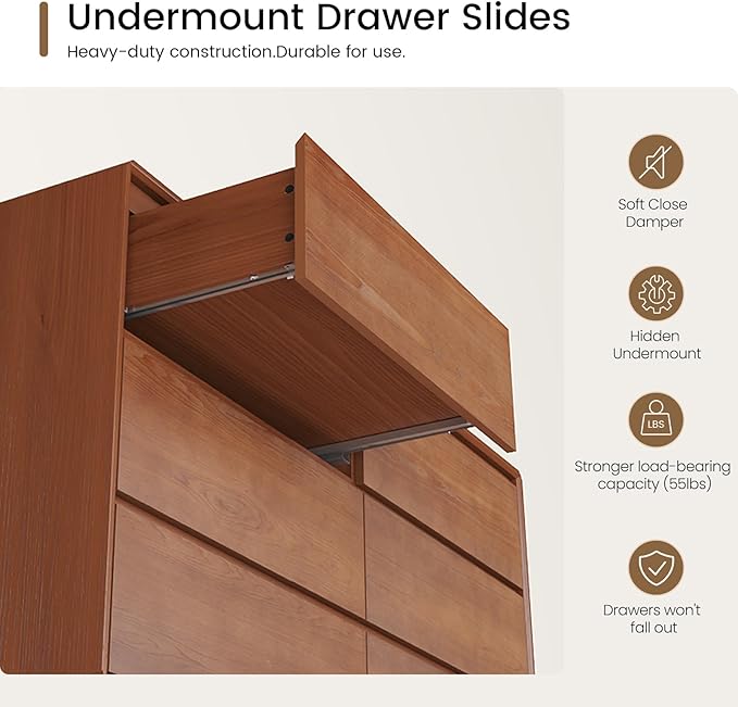 Solid Wood Dresser for Bedroom, Natural Solid Wood 6 Drawer Dresser, 55.2" Wide - Image 7