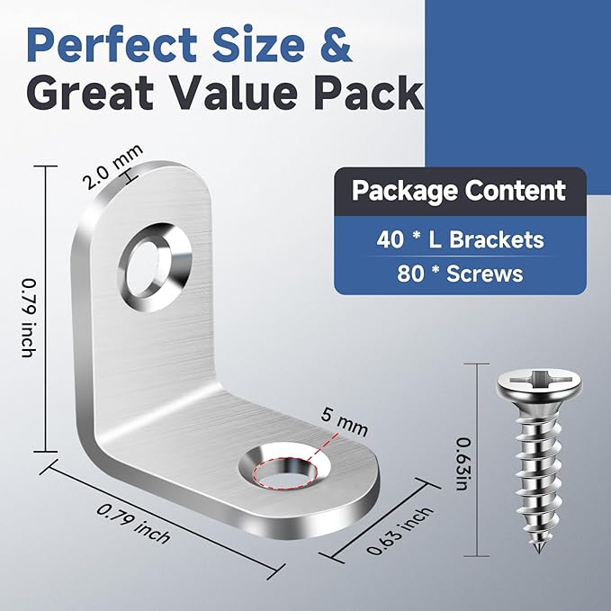 40PCS L Bracket Corner Brace Sets, Stainless Steel L Brackets - Image 2