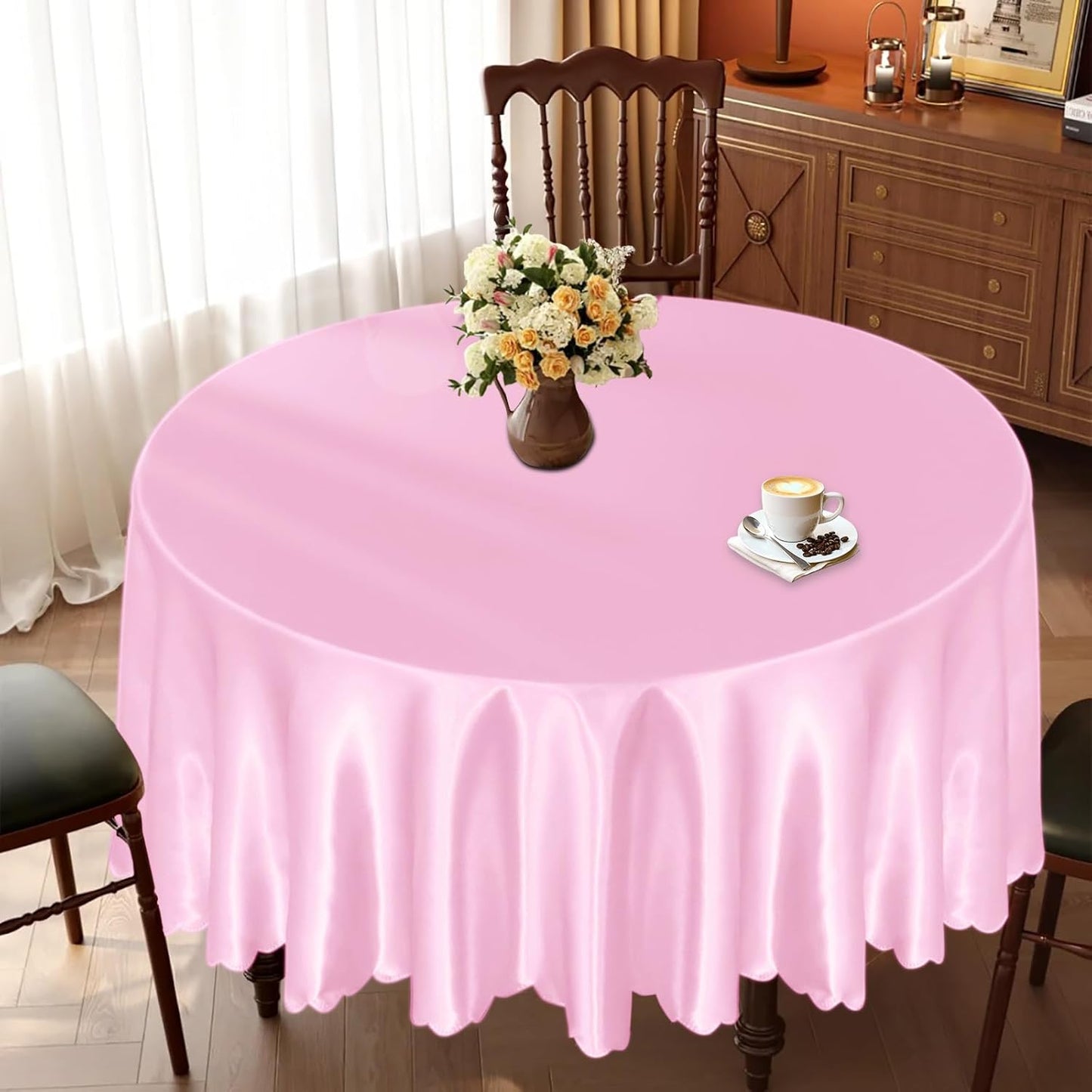 KKJIAF 1 Pack 60 Inch / 5ft Round Table Cloth, Light Pink Overlay Round Satin Table Cover, Silky Satin Dining Tablecloths for Wedding Buffet Parties Banquet Decoration