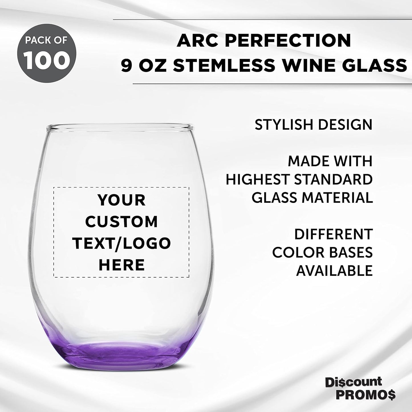 Custom Stemless Wine Glass 9 oz. Set of 100, Personalized Bulk Pack - Great for Wedding Favors, Bachelorette Party Decorations, Party Favors, Color Bottom - Purple