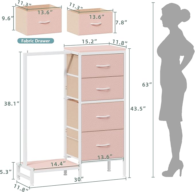 HIGDBFE Dresser with Hanging Rack, 4 Drawers Small Closet - Image 6