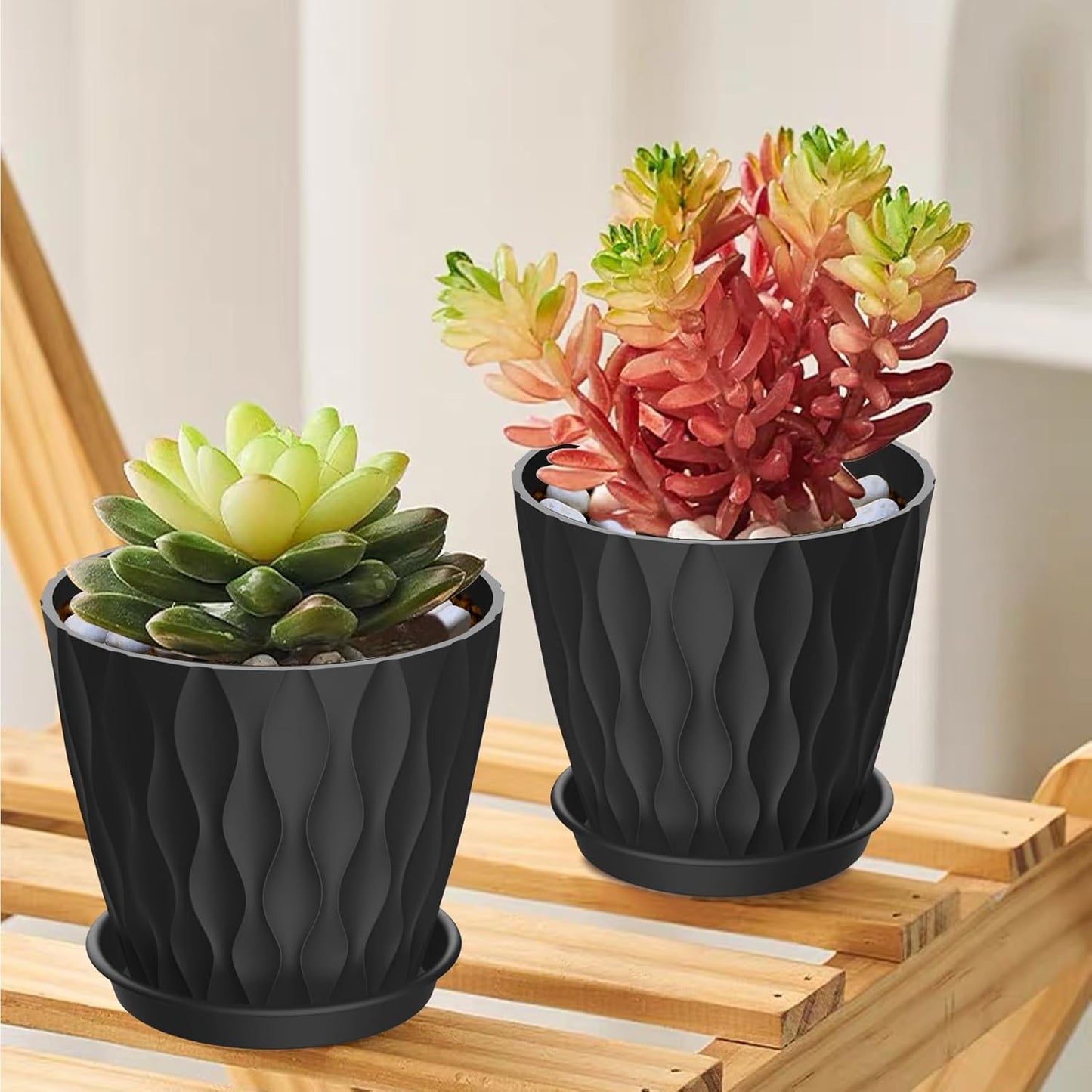 12 Pack 4 Inch Small Plant Pots with Saucers, Waffle Texture Plastic Planters with Drainage Holes for Indoor and Outdoor Plants, Flowers, Herbs, Succulents, and Seedlings, Black