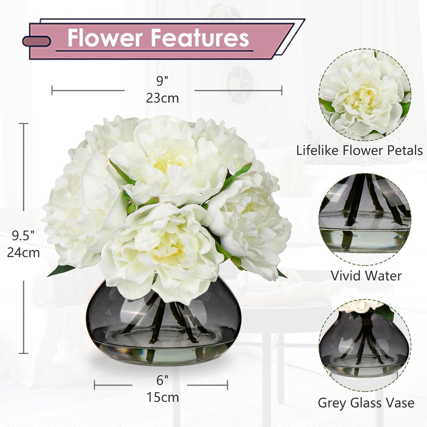 Hollyone Peonies Artificial Flowers with Vase White Peony Fake Flowers Faux Silk Flower Arrangements in Glass Vase with Faux Water Faux Floral Bulk Bouquet for Home Office Table Centerpiece Decoration