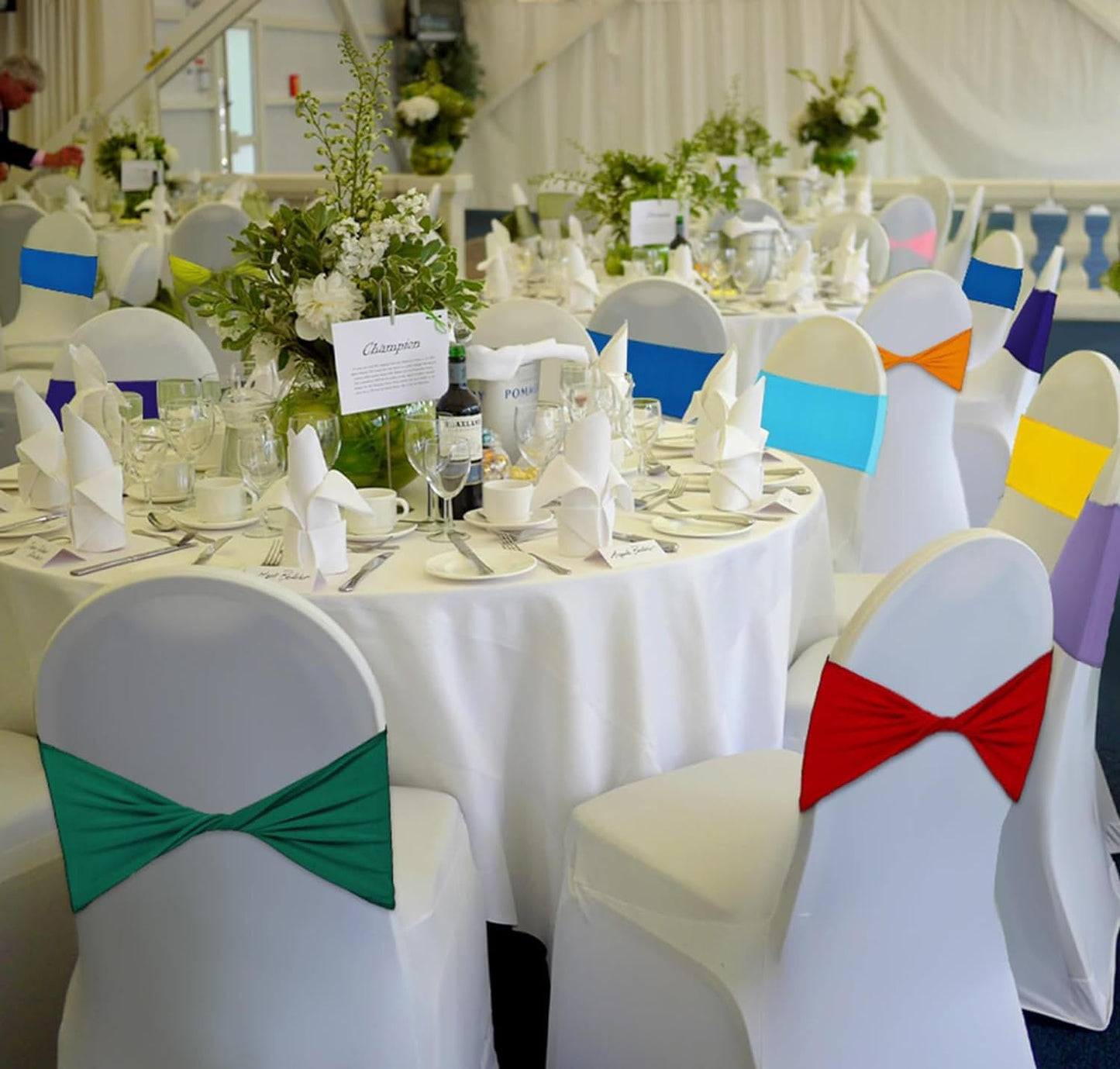 MDS Pack of 25 Spandex Chair Sashes Bows Elastic Stretch Dining Chair Bands Ties Without Slider Buckle Universal fits for Wedding Baby Shower Birthday Party Banquet Event Decoration - Red